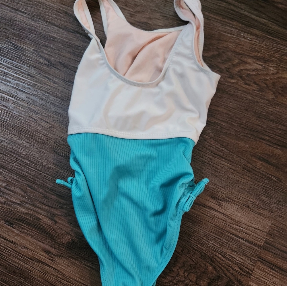 Disney Lilo & Stitch Cream and Aqua Girls One-Piece Swimsuit - Picture 3 of 3